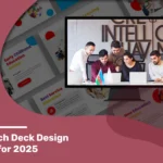 Image showing a group of professionals collaborating on laptops, with creative pitch deck templates in the background. Text overlay: 'Top 10 Pitch Deck Design Agencies for 2025'.