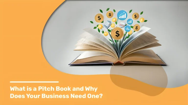 Open book with financial symbols like dollar signs, graphs, and charts emerging from its pages, illustrating the concept of a pitch book and its importance for business growth.