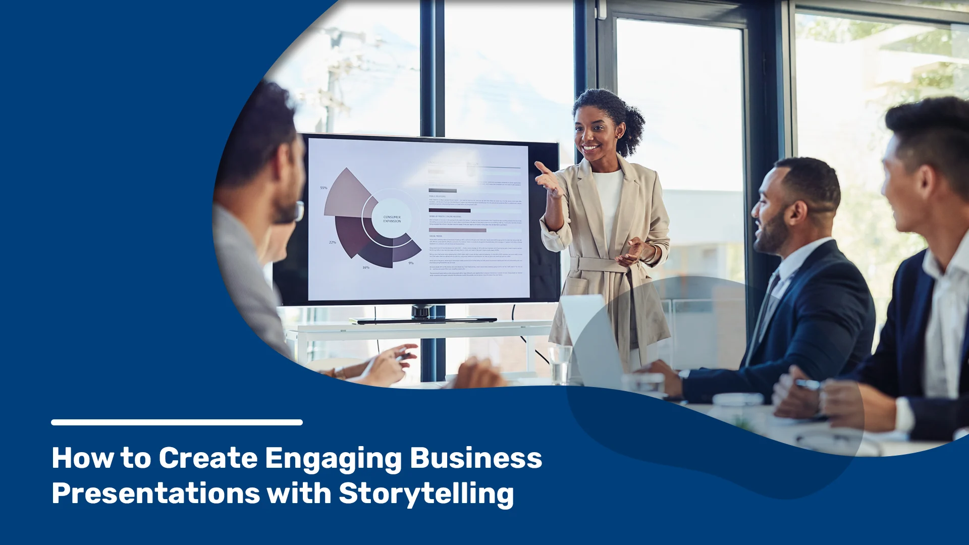 A businesswoman engaging her team with a story-driven presentation in a modern office setting.