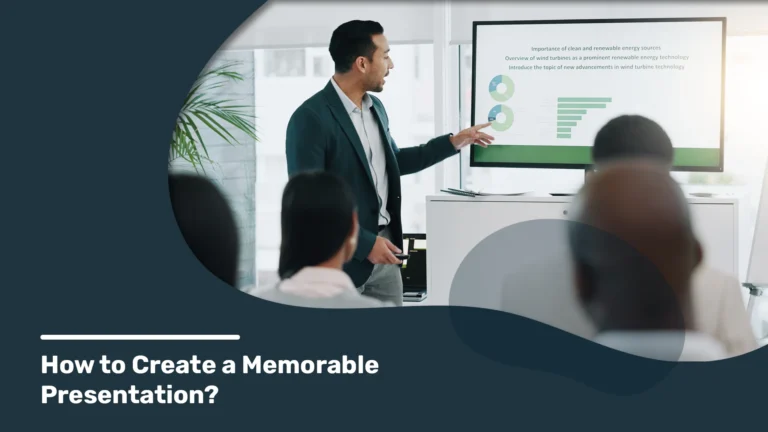 Professional presenting tips: A man pointing at a green chart during a presentation, titled 'How to Create a Memorable Presentation?