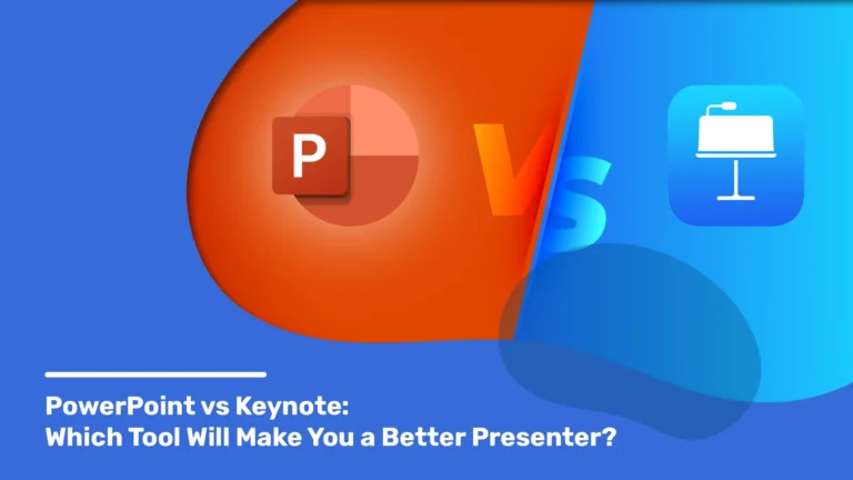 Image comparing PowerPoint and Keynote with their logos inside an orange and blue droplet, asking which tool enhances presentation skills.