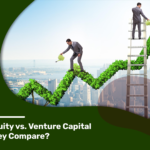 Visual metaphor comparing Growth Equity and Venture Capital, depicting two businessmen nurturing and shaping a hedge shaped like an upward stock market graph against a backdrop of a city skyline