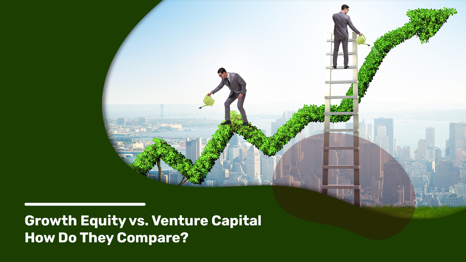 Visual metaphor comparing Growth Equity and Venture Capital, depicting two businessmen nurturing and shaping a hedge shaped like an upward stock market graph against a backdrop of a city skyline