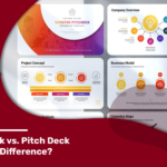 Comparison slide of Teaser Deck and Pitch Deck highlighting their differences, featuring several slide examples from an investor pitch deck, including sections on Project Concept, Business Model, and Key Team.