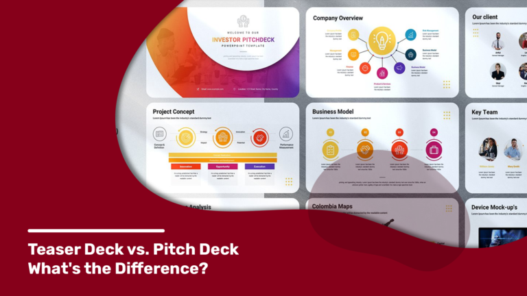 Comparison slide of Teaser Deck and Pitch Deck highlighting their differences, featuring several slide examples from an investor pitch deck, including sections on Project Concept, Business Model, and Key Team.