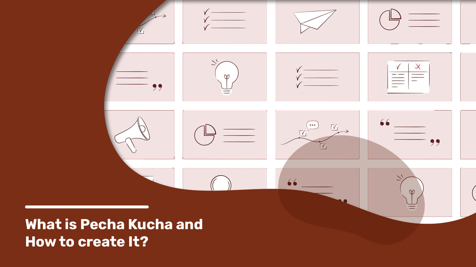 Stylish graphic illustrating various presentation icons and lines of text on a series of slides, designed to explain 'What is Pecha Kucha and How to Create It?' set against a warm brown background.