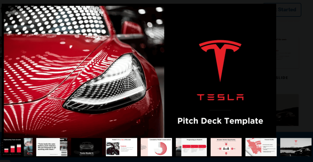Tesla pitch deck cover with red car reflections and bold Tesla logo on black background labeled “Pitch Deck Template.