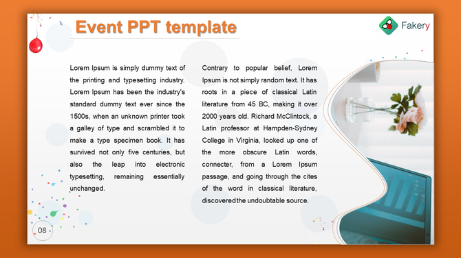 Two-column event presentation slide with decorative confetti, text blocks, and an image of a flower vase and laptop.
