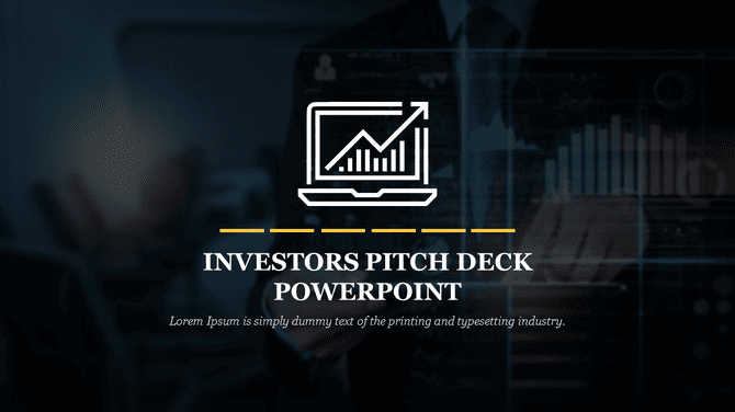 Investor pitch deck PPT slide showing growth chart icon with dark corporate background and bold professional title text.
