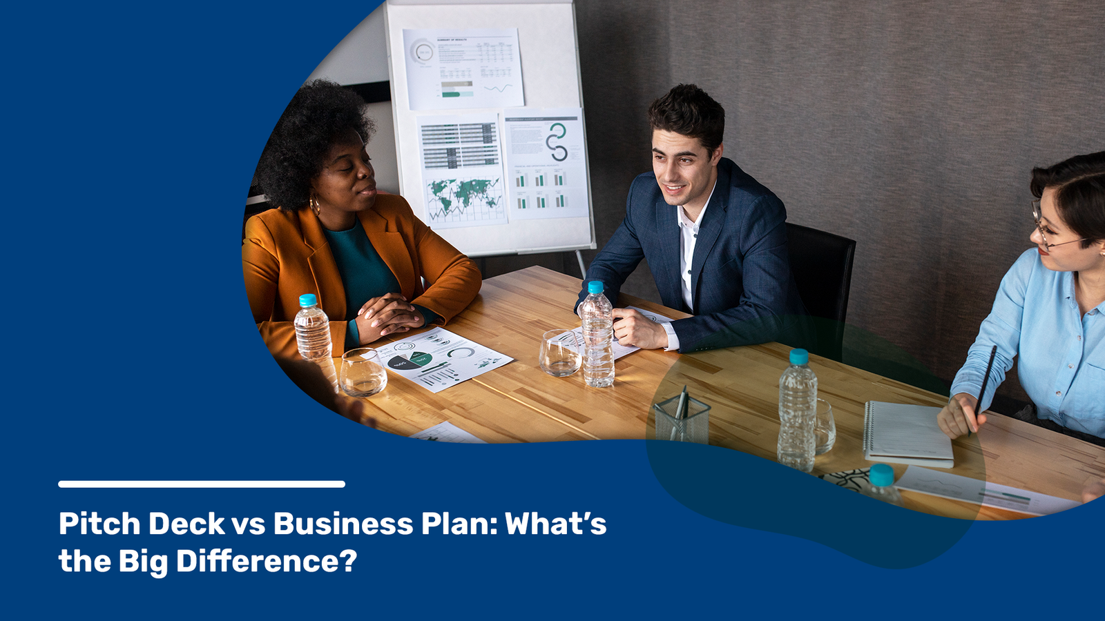 Business team discussing data with charts and graphs, exploring pitch decks versus business plans in a meeting setup