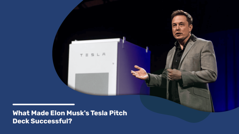 Elon Musk presenting Tesla pitch with confidence beside a Tesla product, highlighting the power of effective storytelling.