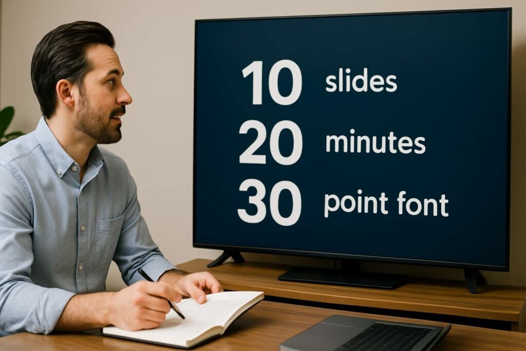 A man sits at a desk, looking at a large TV screen displaying "10 slides, 20 minutes, 30 point font".