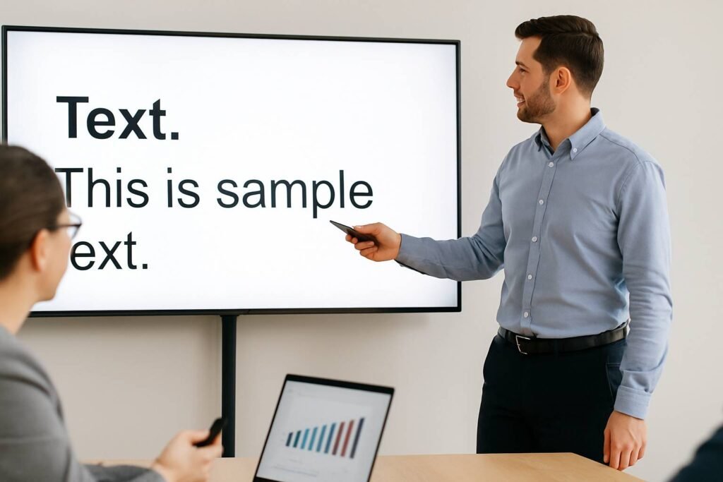 A man points at a screen showing large text as he presents to people. The font is big and easy to read.