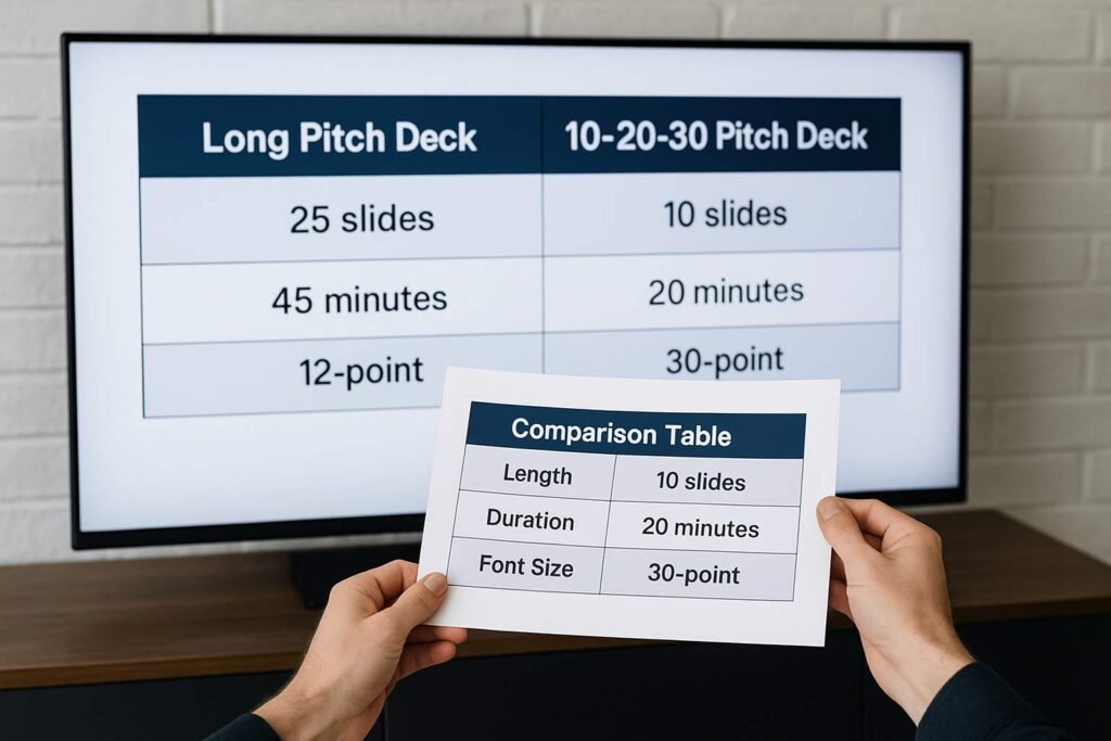A man's hands hold a paper showing a table comparing "Long Pitch Deck" to "10-20-30 Pitch Deck" rules.