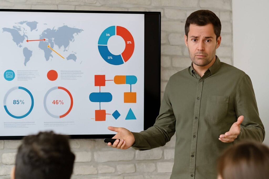 A presenter looks confused by a busy slide with many charts, a map, and complex shapes