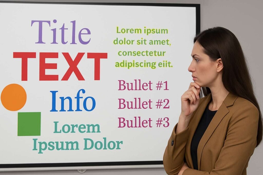 A thinking woman looking at a presentation slide with many different fonts, colors, and design elements.