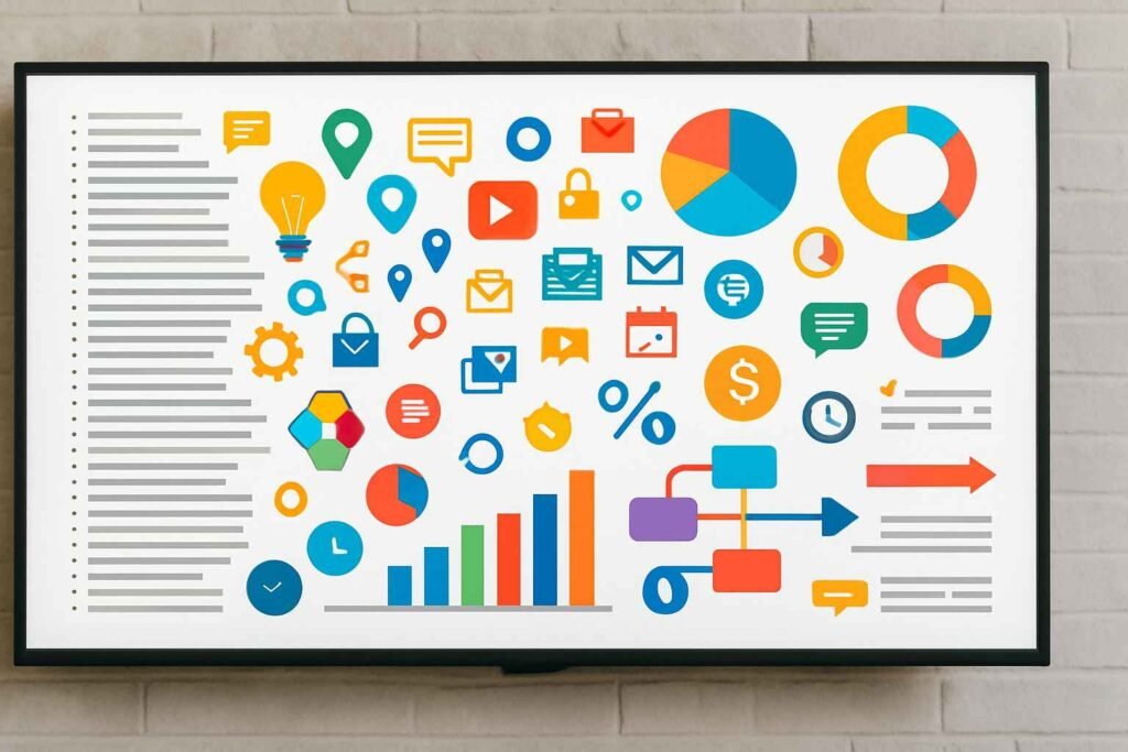 An example of an overcrowded presentation slide, packed with many icons, charts, and different design elements.
