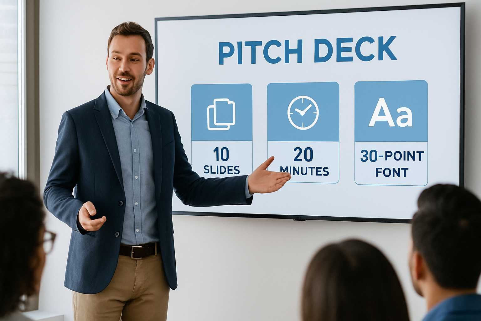 A smiling man presents to people, with a screen behind him showing "PITCH DECK" and 3 key rules.