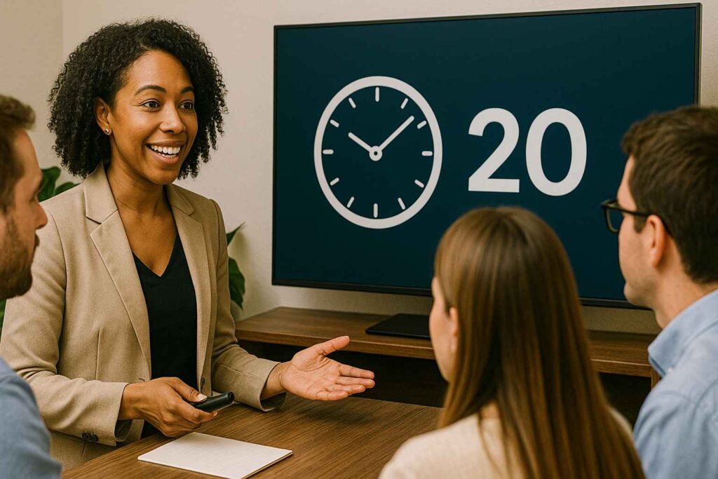 A woman smiles while talking to people, with a clock icon and "20" on a screen behind her.