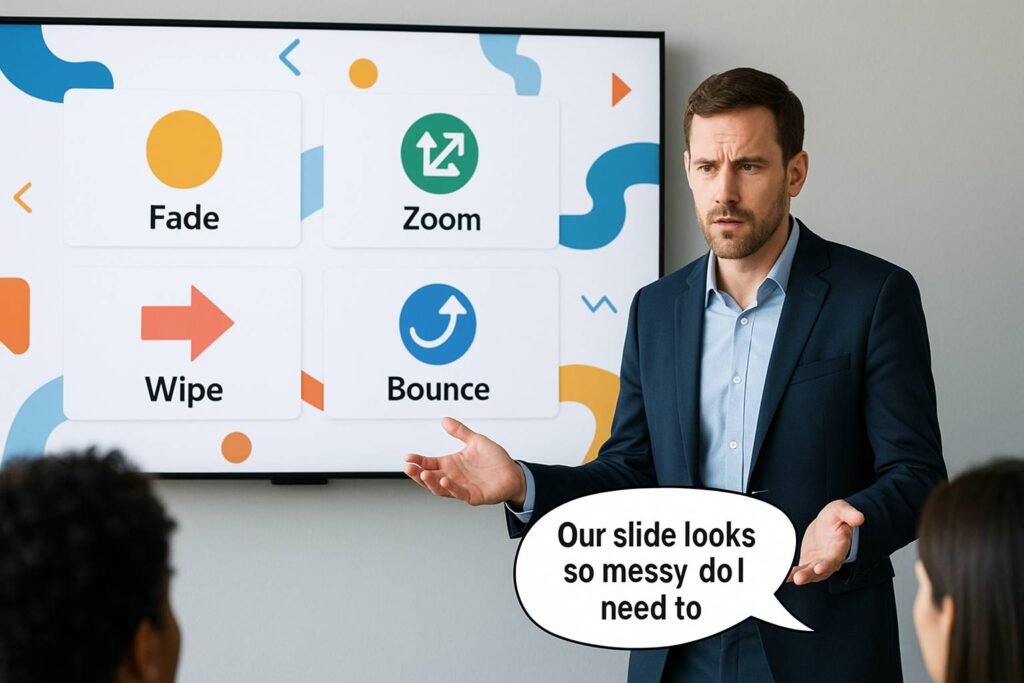 A confused presenter gestures at a screen showing messy slide transitions like Fade, Zoom, Wipe, and Bounce.