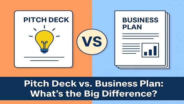 Graphic illustrating the key differences between a Pitch Deck and a Business Plan, visually contrasting their core concepts.