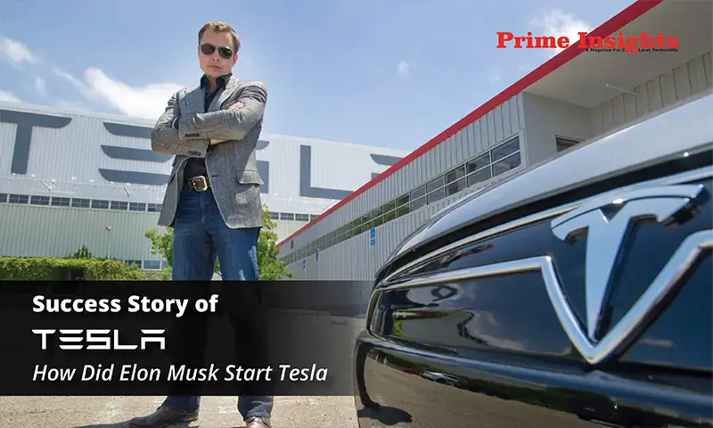 Elon Musk standing confidently in front of a Tesla factory and car, highlighting Tesla’s success story.