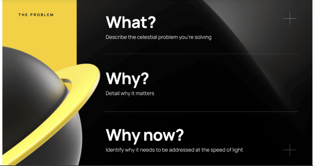 Black and yellow slide with a planet graphic explaining what the problem is, why it matters, and why it must be solved now.