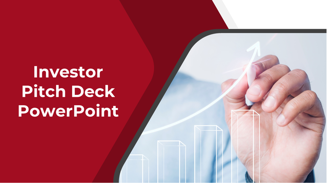 Image showing a professional Investor Pitch Deck PPT slide with a hand drawing an upward graph on a transparent screen.