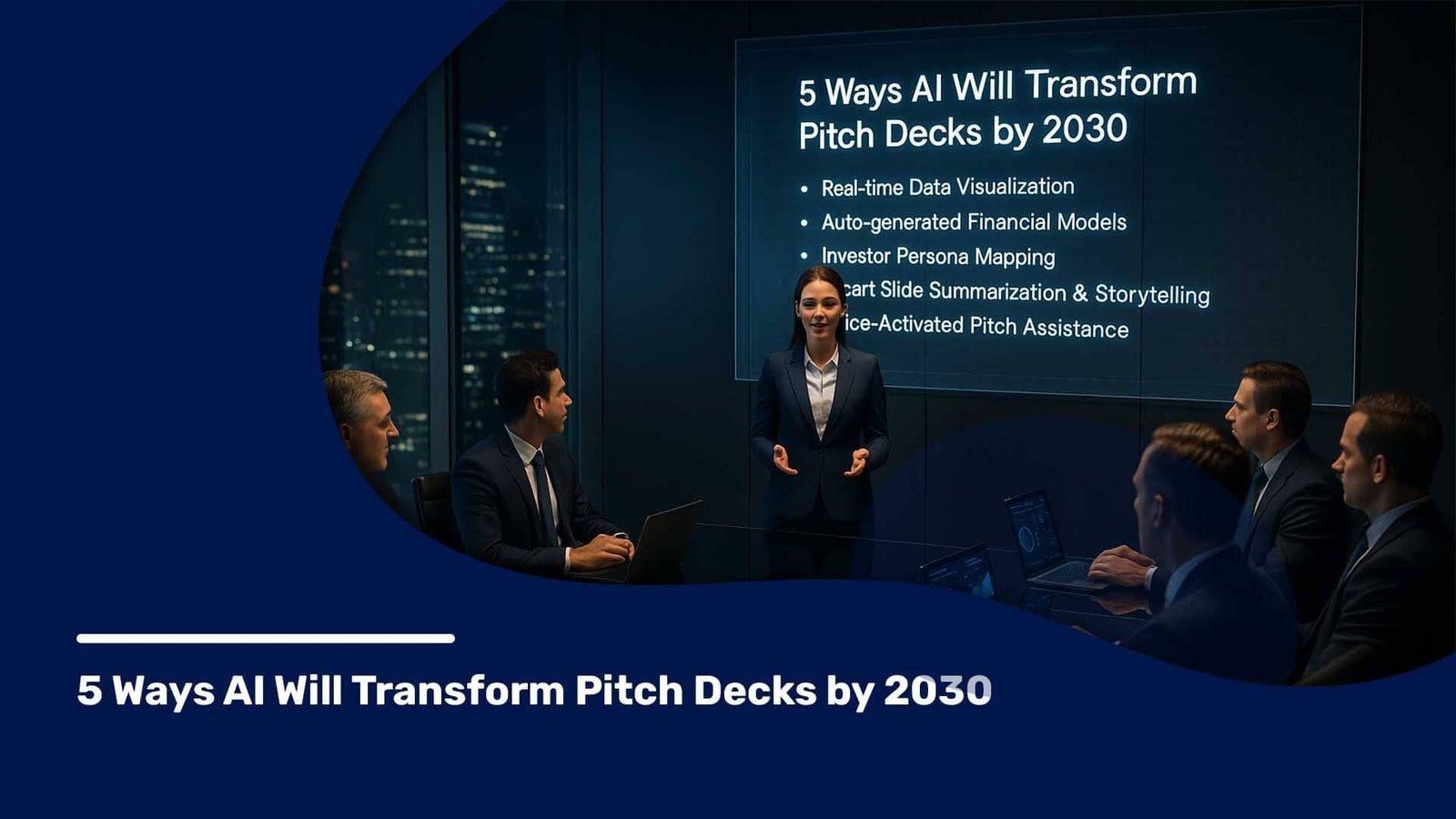 Businesswoman presents how AI will change pitch decks by 2030 to team, highlighting data, finance, and storytelling tools.