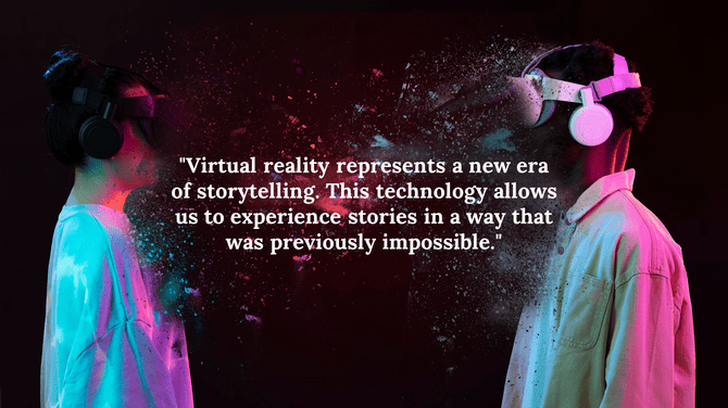 Two people wearing VR headsets facing each other with a storytelling quote in the center, symbolizing tech experience.
