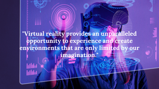 A woman in a VR headset interacts with futuristic digital graphics, illustrating the limitless possibilities of virtual reality.