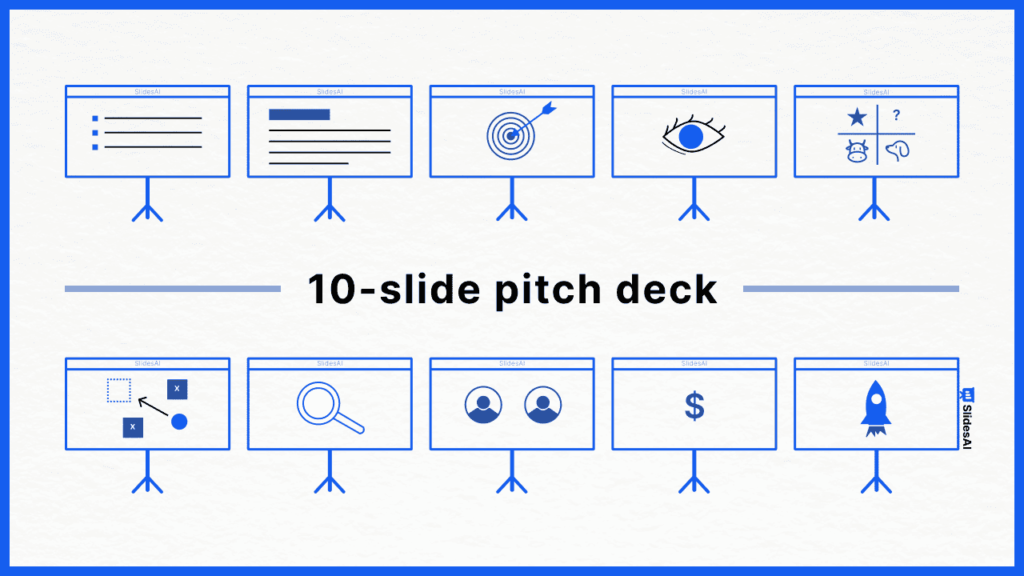 Visual guide showing a 10-slide pitch deck layout with icons representing key business elements like goals, market, and funding.
Visual guide showing a 10-slide pitch deck layout with icons representing key business elements like goals, market, and funding.
Visual guide showing a 10-slide pitch deck layout with icons representing key business elements like goals, market, and funding.