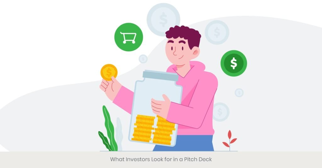 Illustration of a person holding coins and a jar, with dollar signs and shopping icons, showing investor focus on financial value.