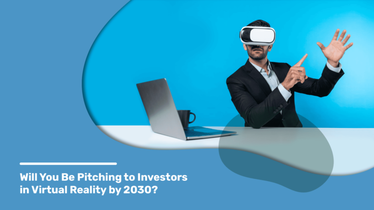 Man using VR headset and laptop, pointing in air, showing future pitch meetings in virtual reality by the year 2030