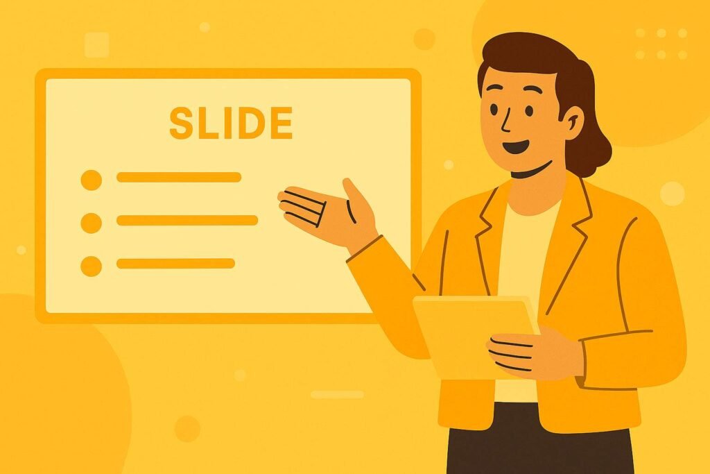 Person presenting a simple PowerPoint slide with bullet points on a yellow background, holding a tablet.