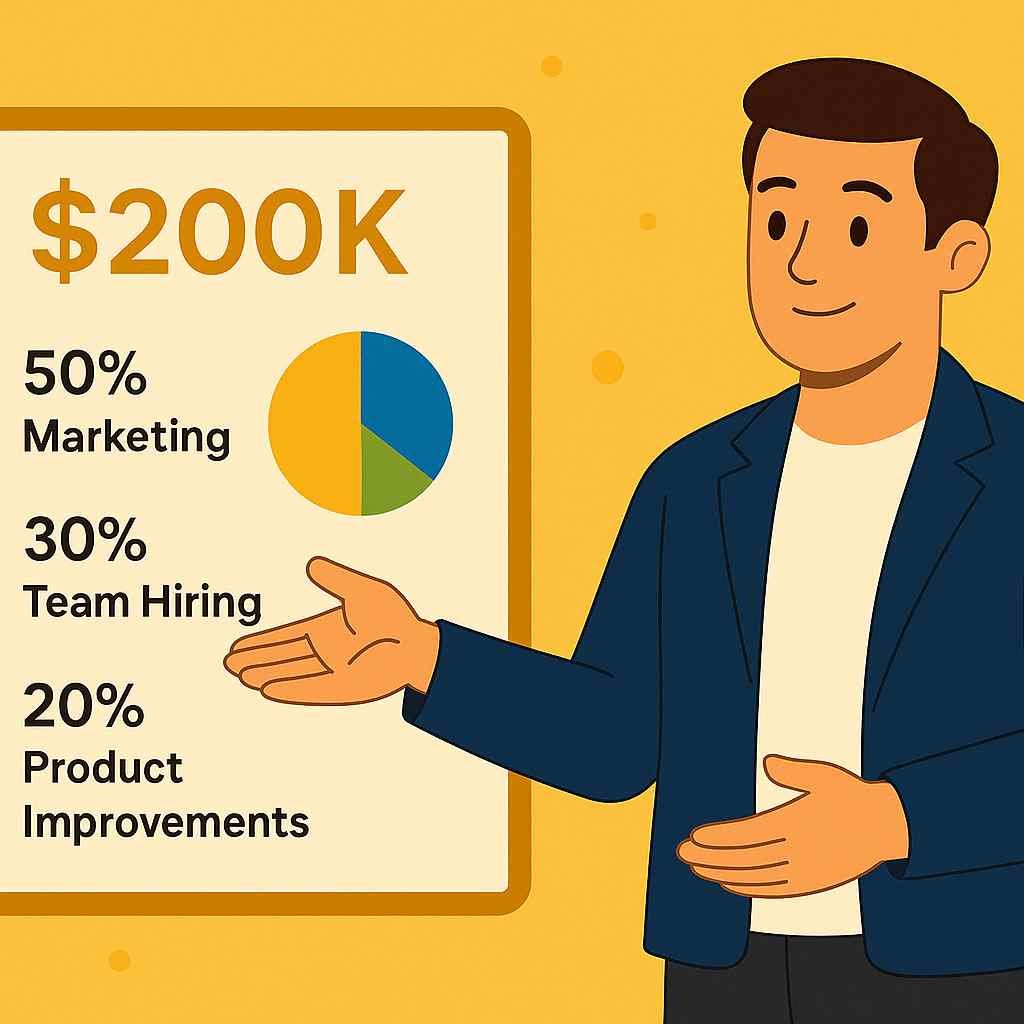 Man presenting $200K budget split: 50% Marketing, 30% Hiring, 20% Product, with a pie chart on yellow background.