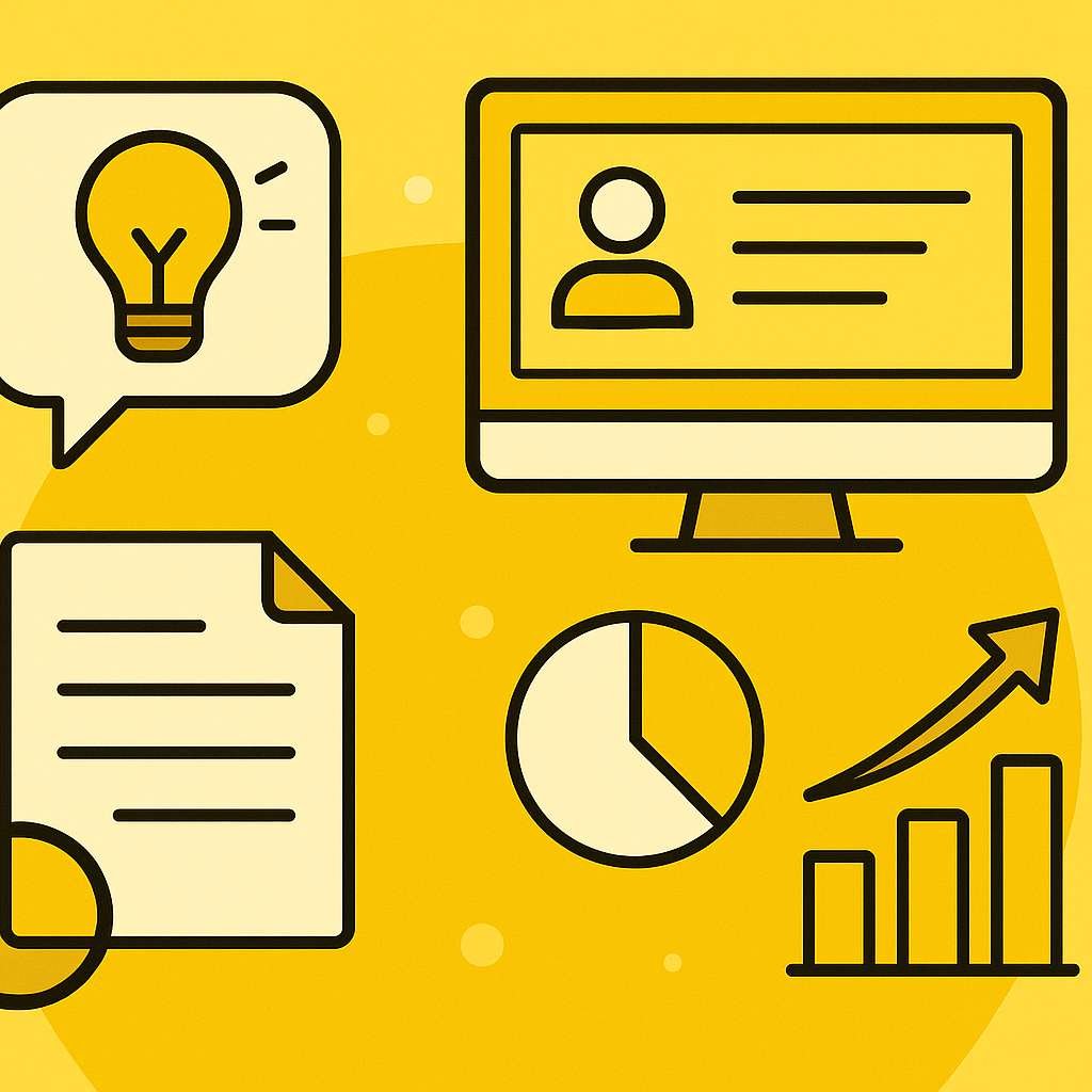 Yellow background with icons showing ideas, profile, document, pie chart, and rising bar graph for presentations.