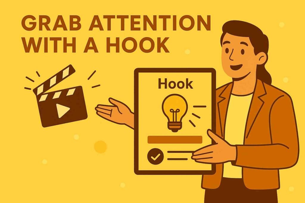 Illustration of a person showing a tablet with a light bulb and the word "Hook" to explain grabbing audience attention.