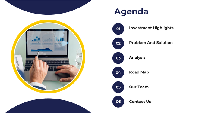 A laptop screen showing charts with two hands pointing at data, alongside a list of six agenda items for a pitch deck.