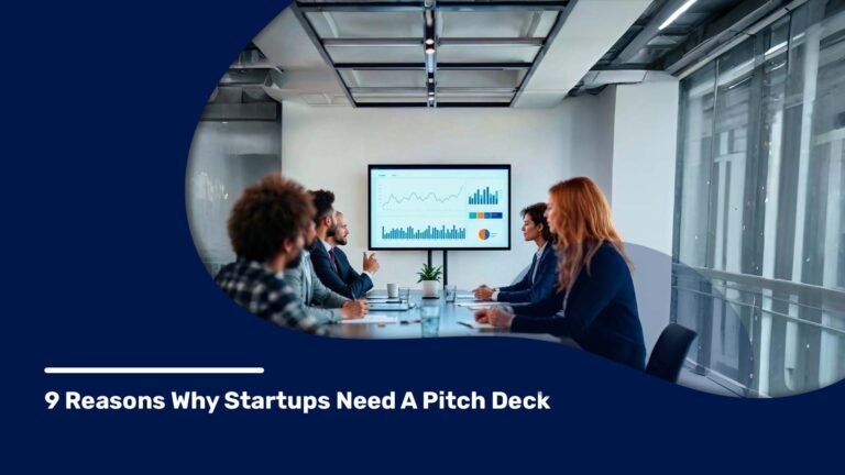 Business team in a modern conference room discussing charts and graphs displayed on a screen during a pitch deck meeting.