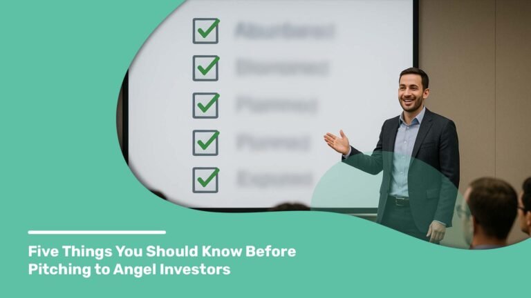Presenter explains checklist on screen to audience during a session on pitching to angel investors.