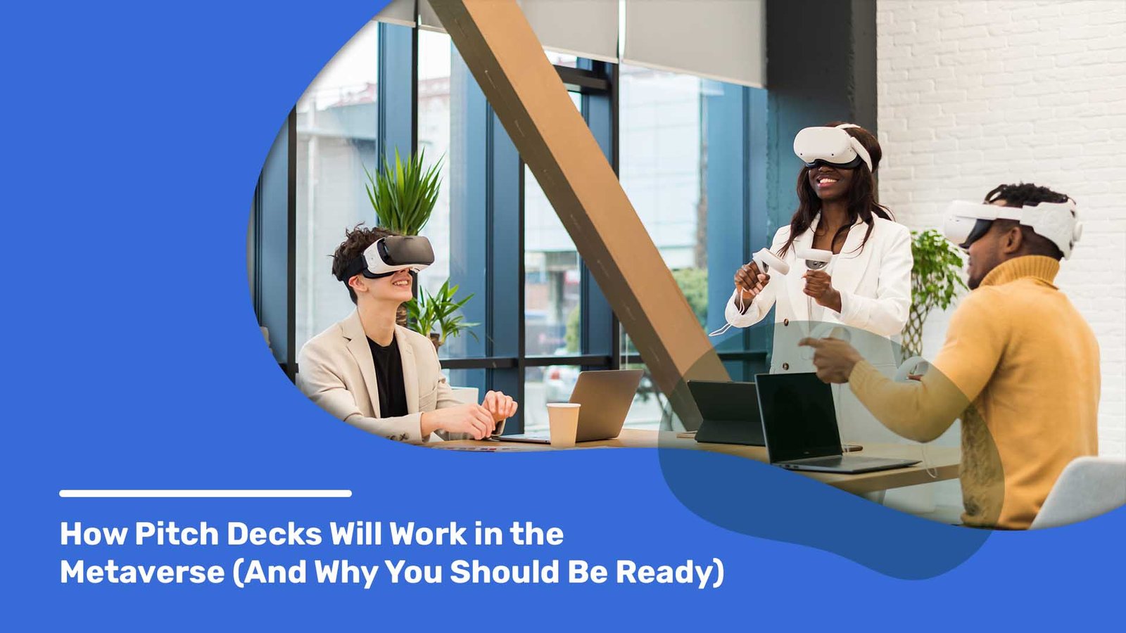 Professionals using VR headsets in an office, symbolizing pitch presentations in the metaverse environment.