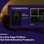 Two men viewing a TV show pitch slide with movie description and visuals on a large screen in a dark presentation room.