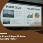 Business professional analyzing a presentation comparing pitch deck and project report formats for investor preference.