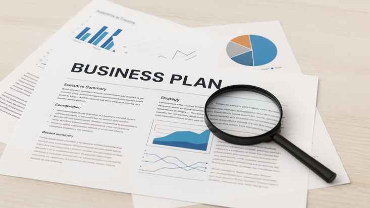A magnifying glass rests on a detailed business plan document with charts and graphs.