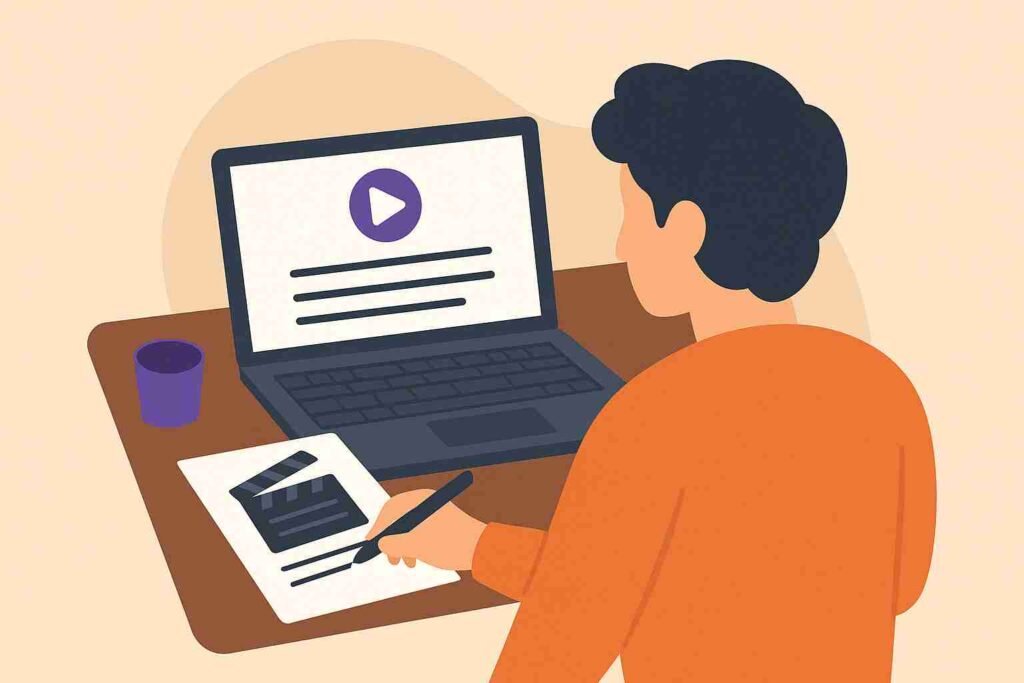 Flat illustration of a person thinking with icons around, symbolizing a TV show's core idea or central plot line.