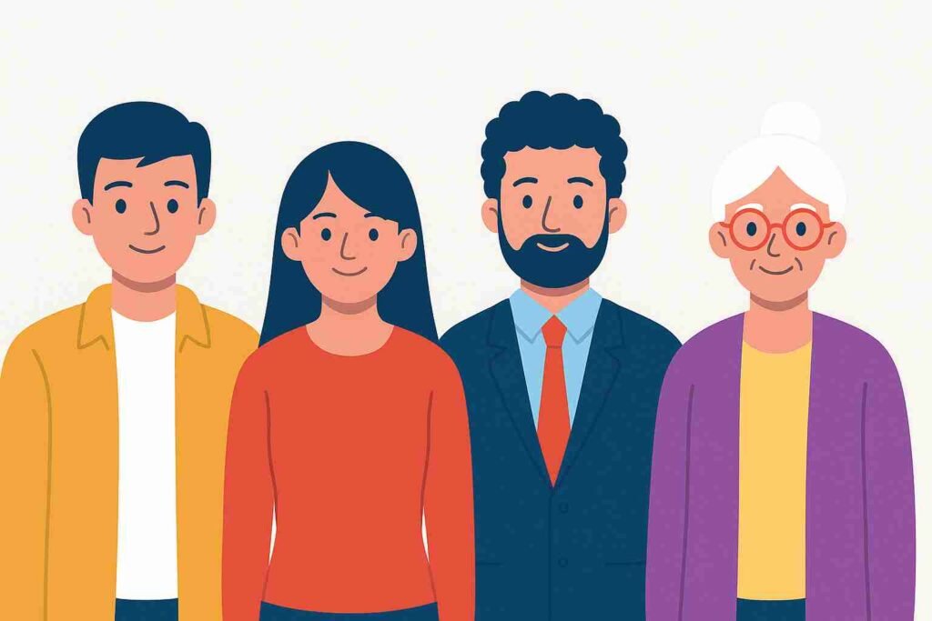 Flat illustration showing four unique individuals, each representing different character roles in a TV show narrative.