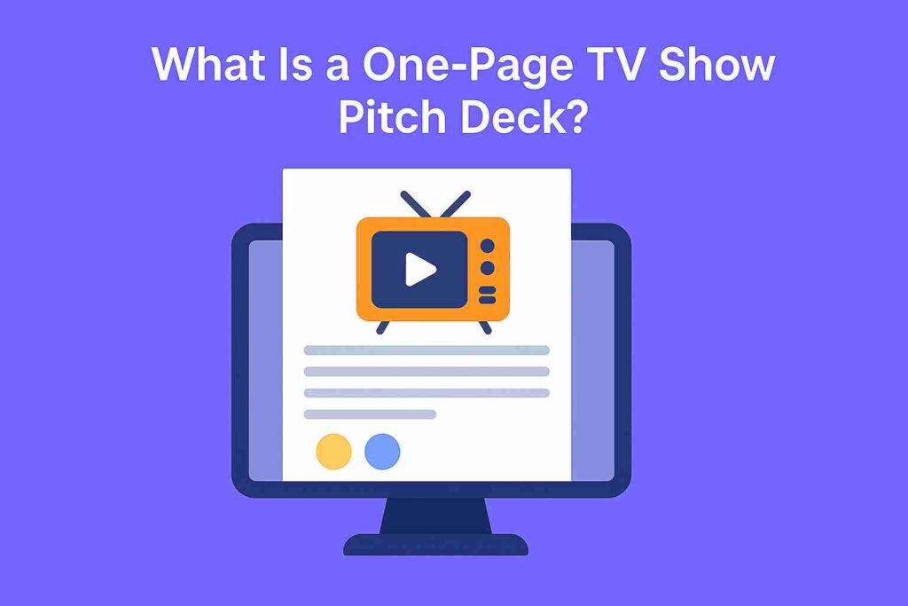 Two men watch a TV show pitch deck presentation featuring movie description and visuals on a large screen.