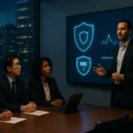 Cybersecurity startup founder pitching to investors with dark-themed slide showing threat detection visuals and compliance icons in a modern boardroom