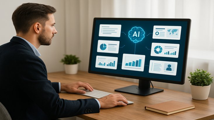 A man uses a computer showing an AI brain icon connected to various data charts and presentation slides.